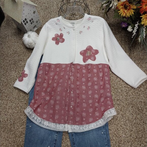 3733 Size Large Bali Studio Upcycled Shacket, in White and Red Print. - Picture 2 of 8